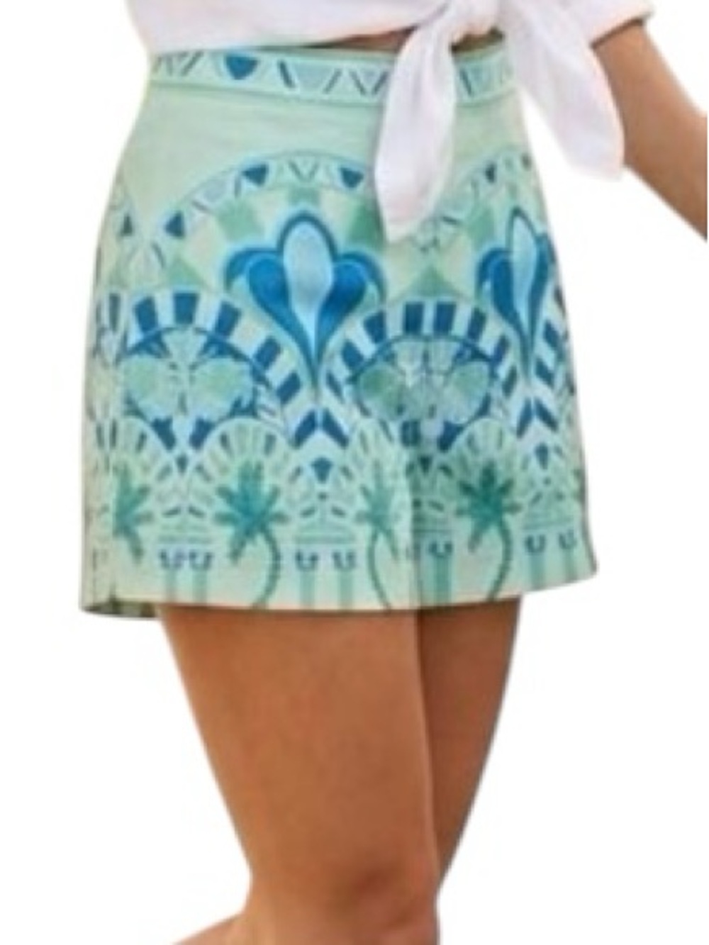 Emily McCarthy Cordoba Mint Teal Blue Palm Trees Print High Waist Shorts - L
